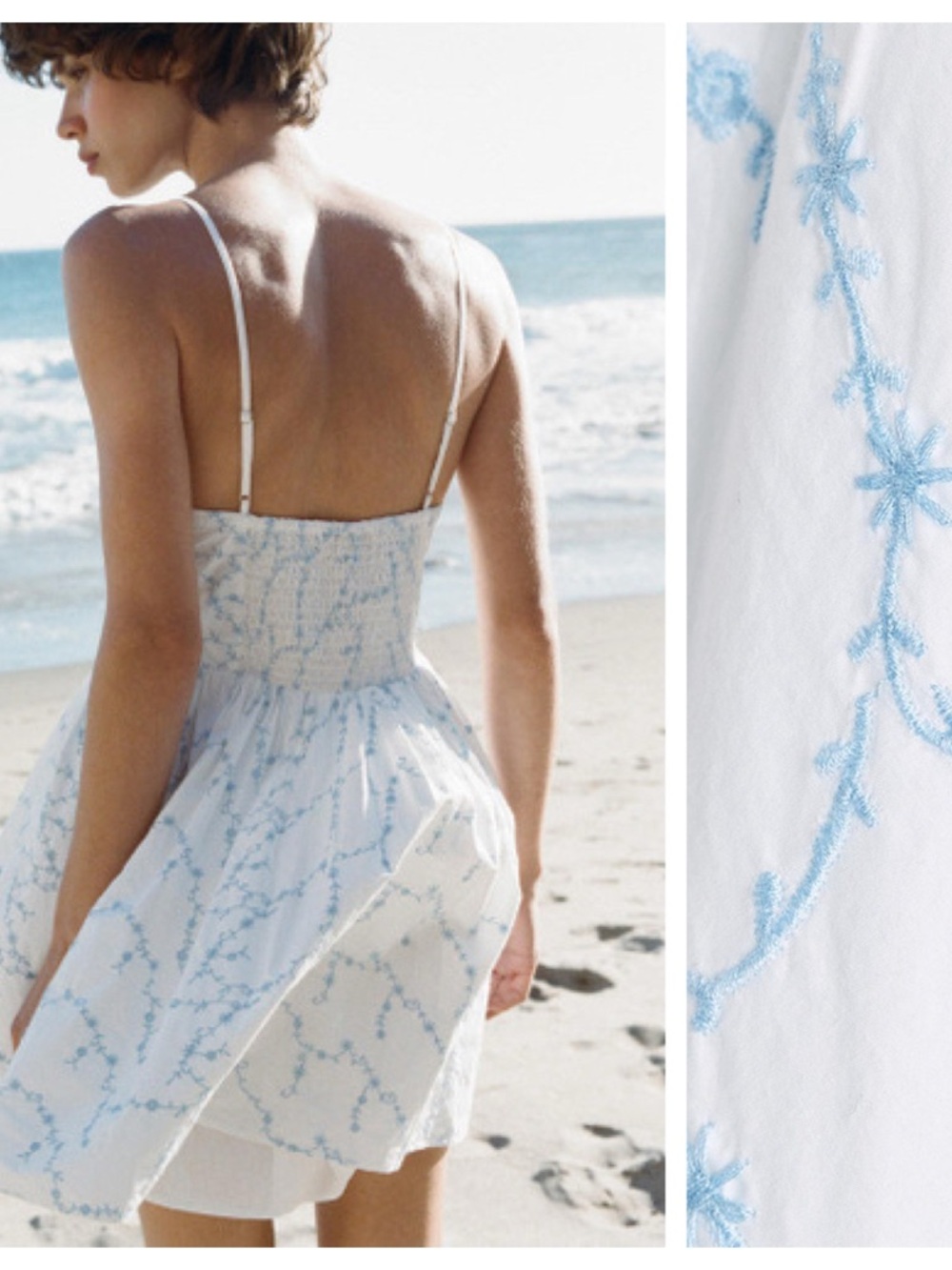 NWT. Zara White/Blue Embroidered Floral Print Mini Dress. Size S. - Picture 4 of 14
